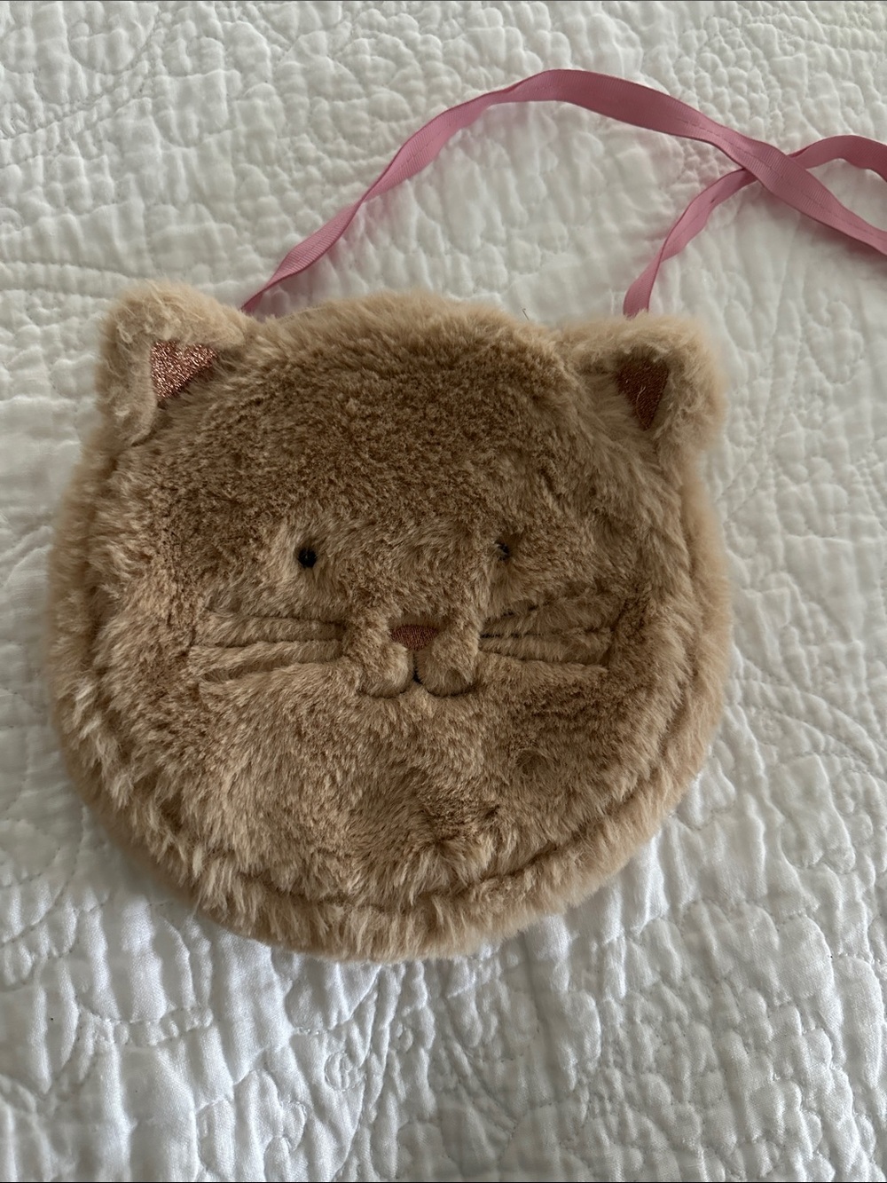Mini Boden Tan Faux Fur Kitty Kat Bag with Pink Strap